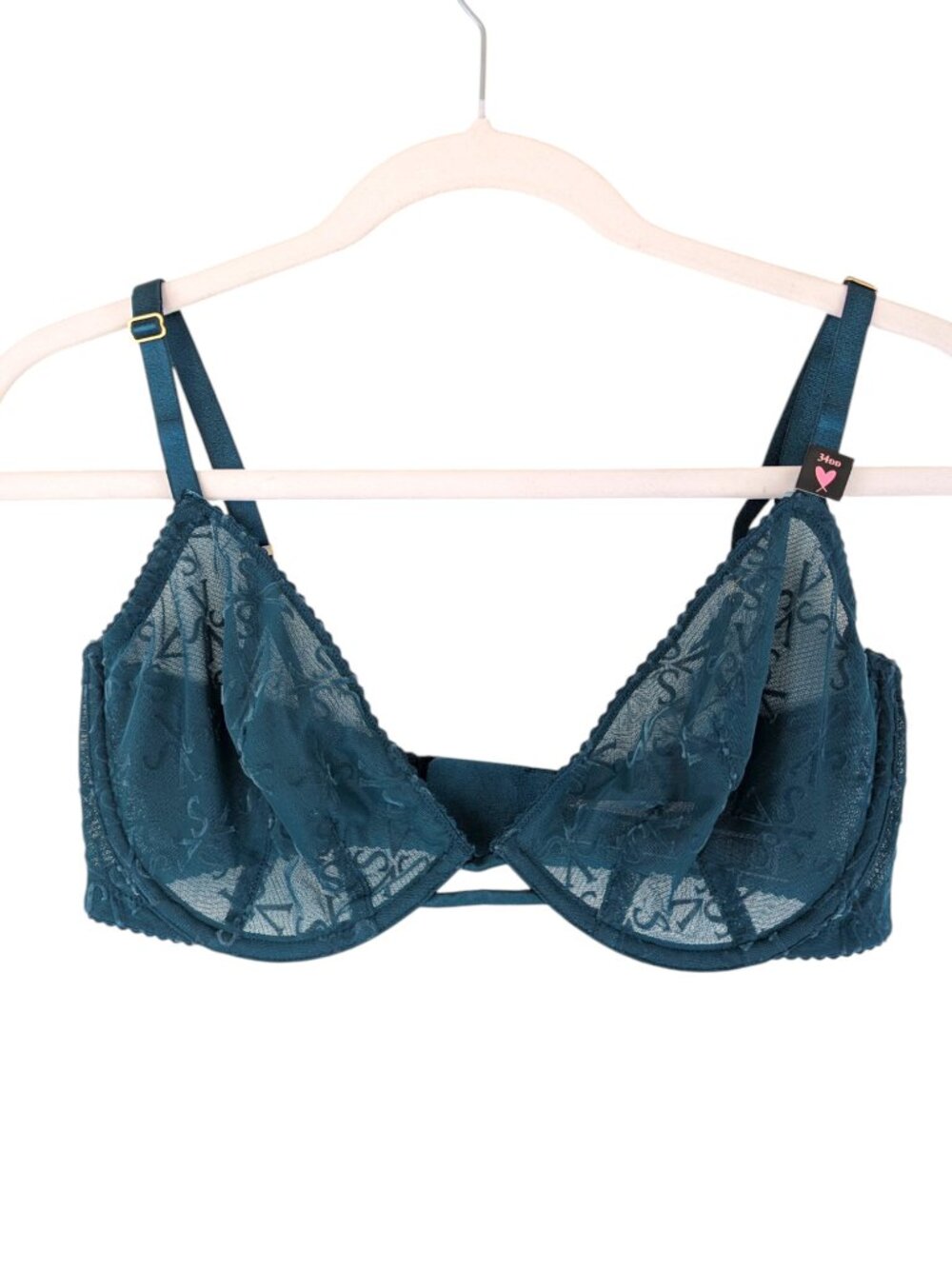 Victoria's Secret Blue Green VS Logo Demi Bra Very Sexy Unlined Lace Size 34DD